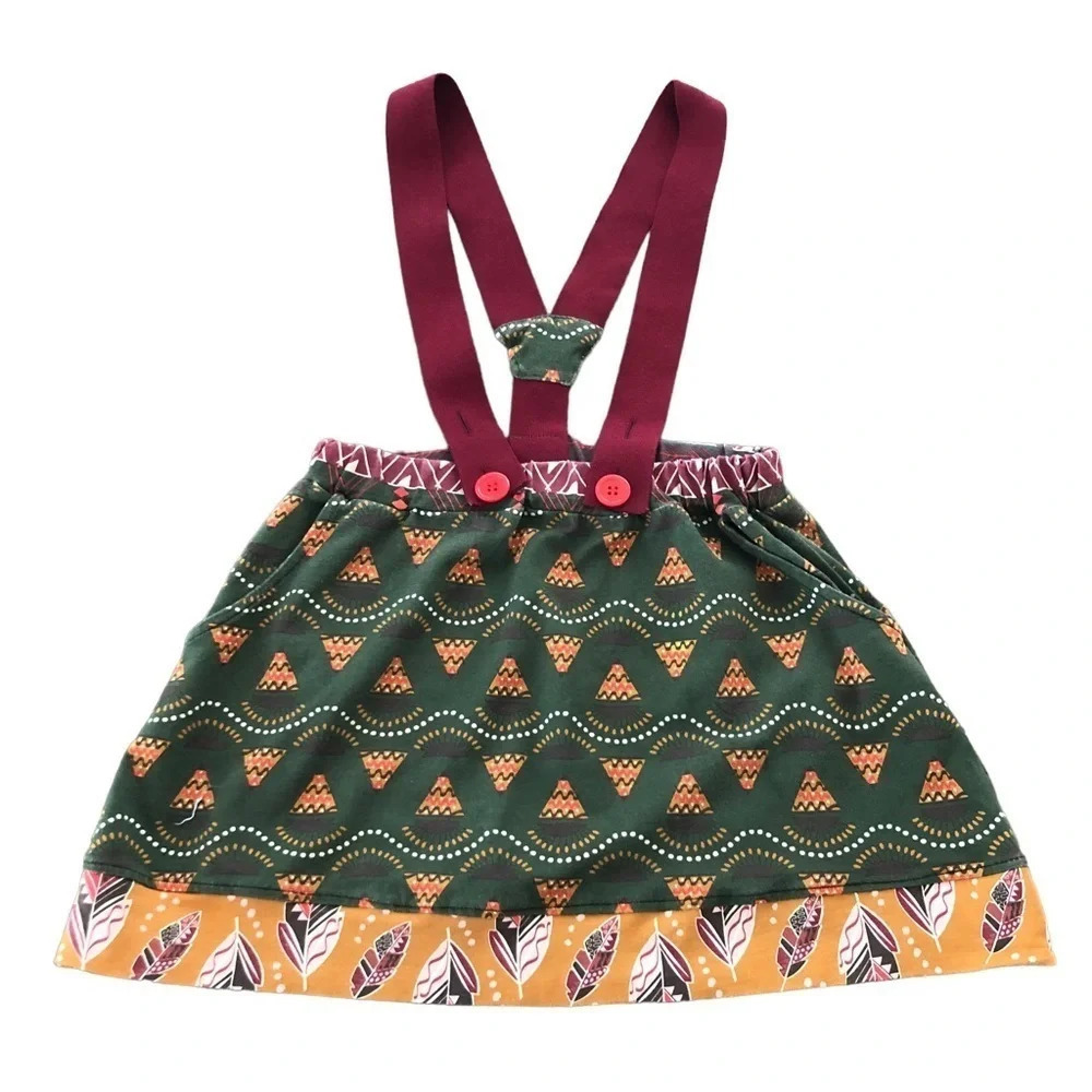 Jelly‎ The Pug Girls size 7 Fall Boho Skirt with suspenders Feather Fall Green